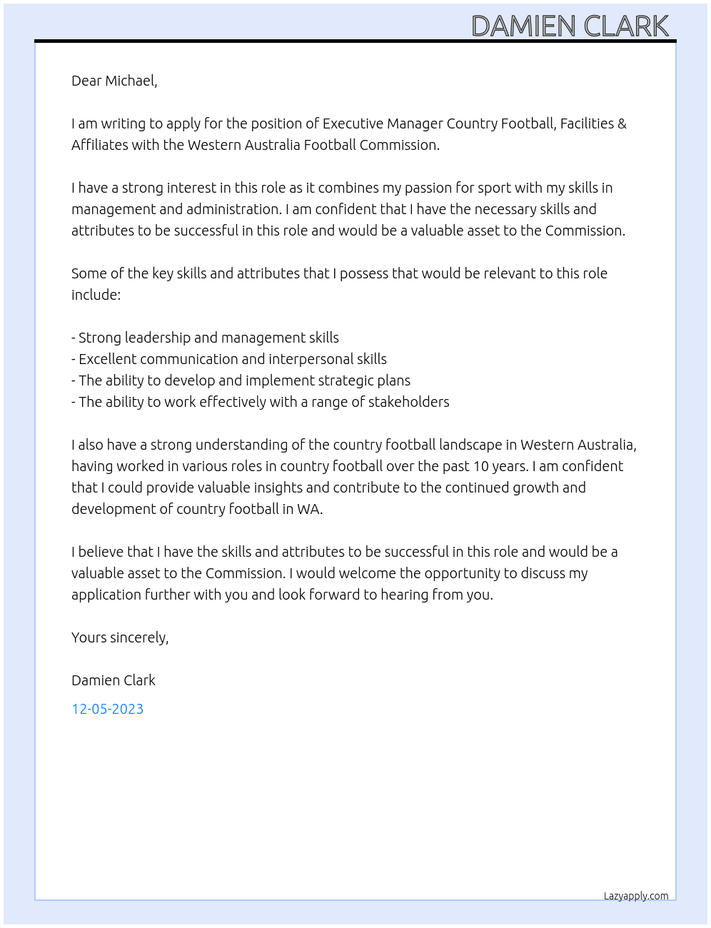 Executive Manager Country Football, Facilities & Affiliates At Western Australia Football Commission Cover Letter