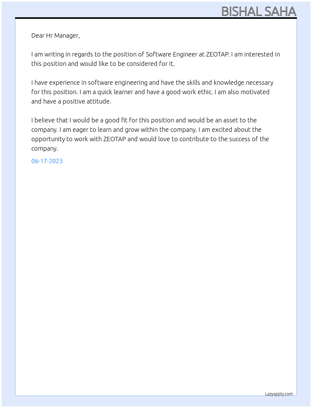 Software Engineer At ZEOTAP Cover Letter