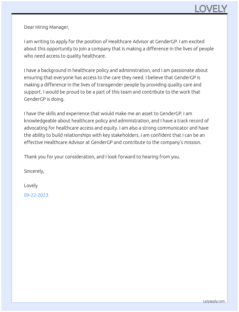 Healthcare Advisor At GenderGP Cover Letter