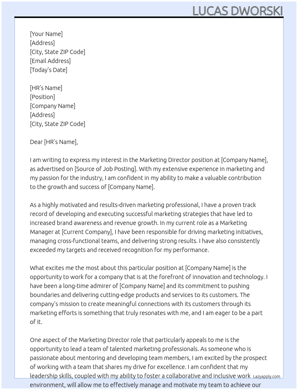 marketing director At HP Cover Letter