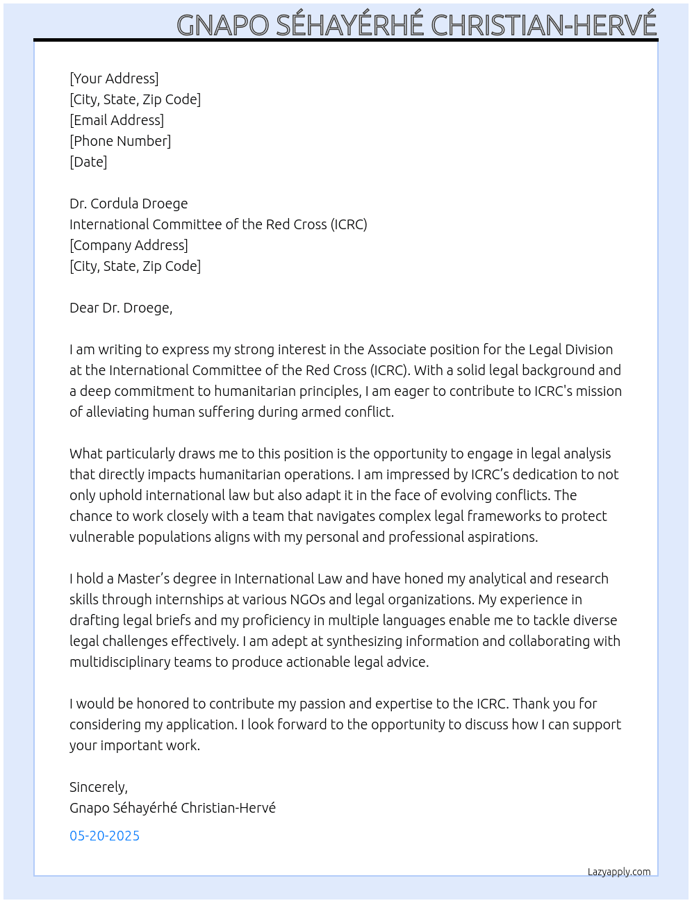 associate for legal division At ICRC Cover Letter