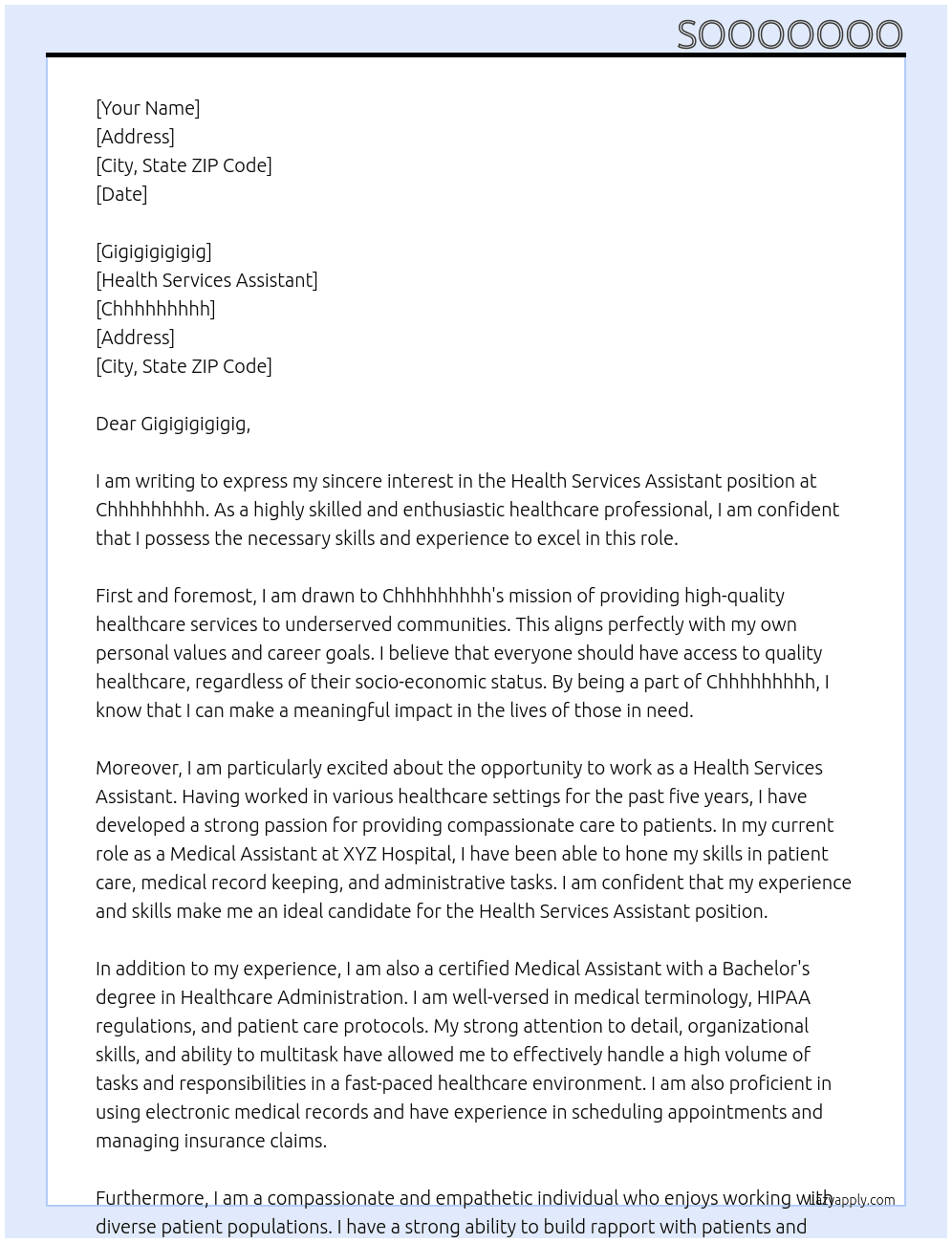 Health Services Assistant At Chhhhhhhhh Cover Letter
