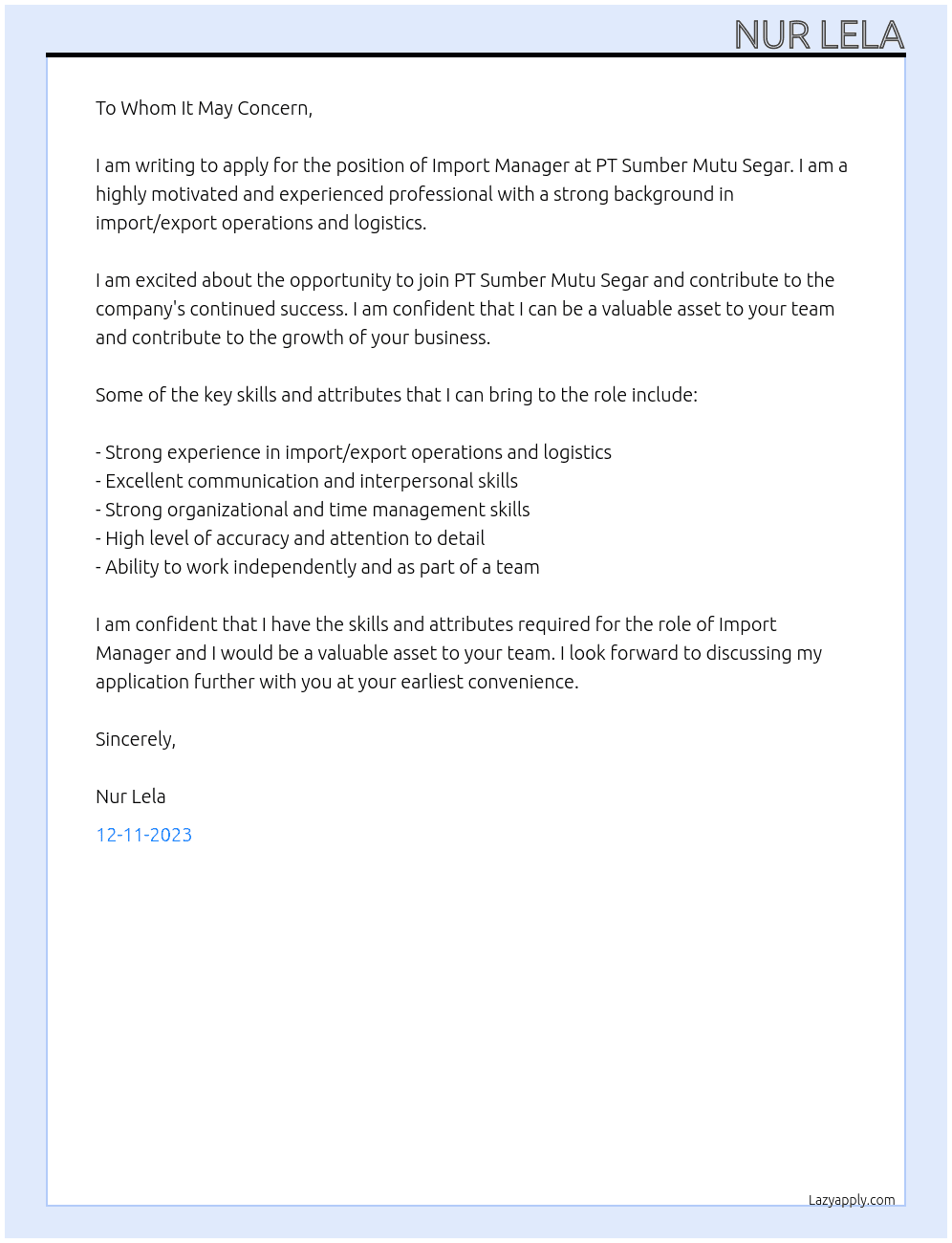 Import Manager At PT Sumber Mutu Segar Cover Letter