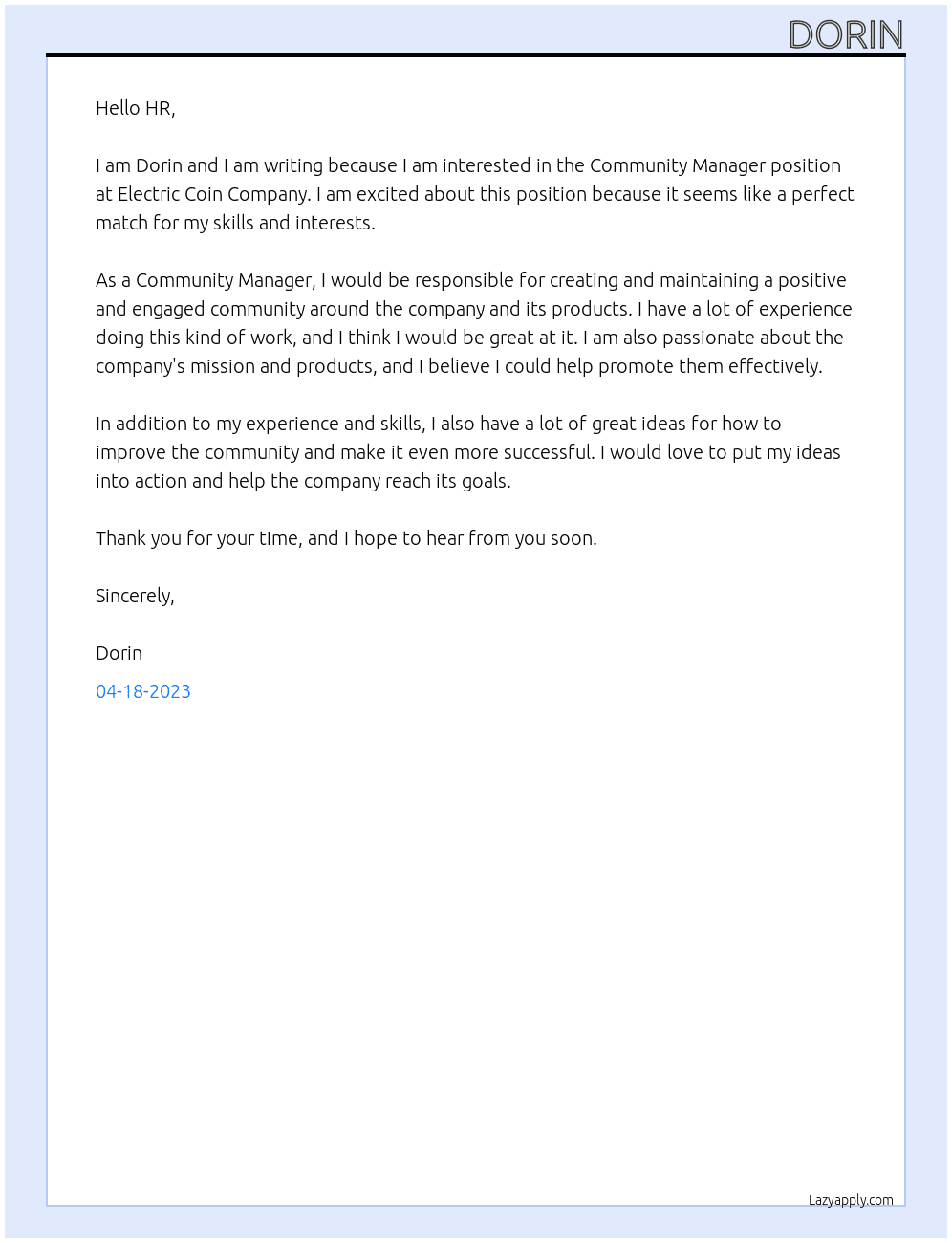 Community Manager At Electric Coin Company Cover Letter