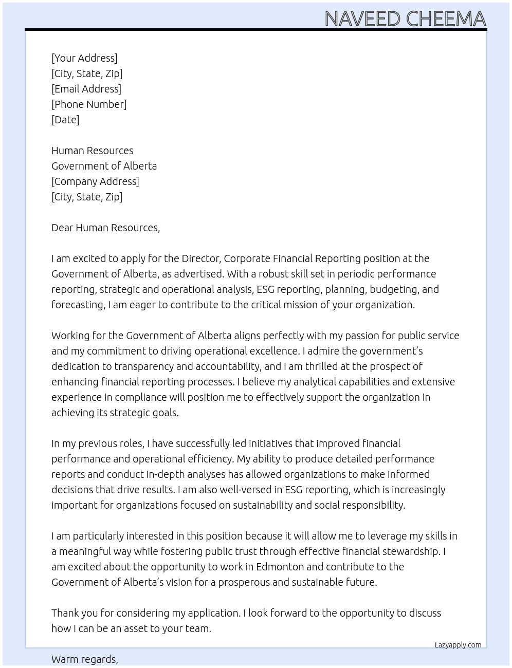 Director, Corporate Financial Reporting At Government of Alberta Cover Letter