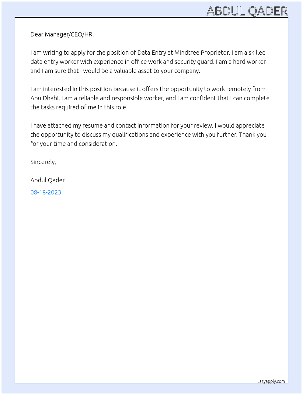 Data entry At Mind tree proprietor Cover Letter