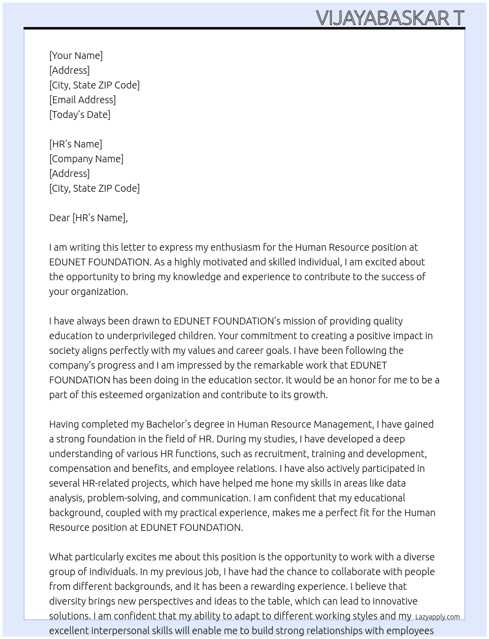Human resource  At EDUNET FOUNDATION  Cover Letter