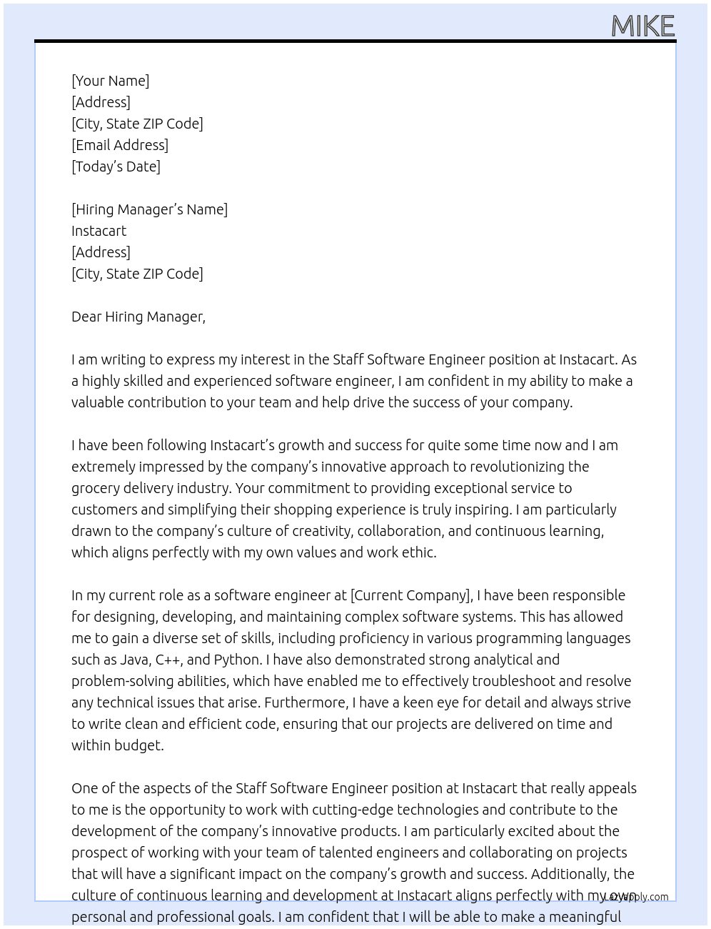 Staff Software Engineer At Instacart Cover Letter