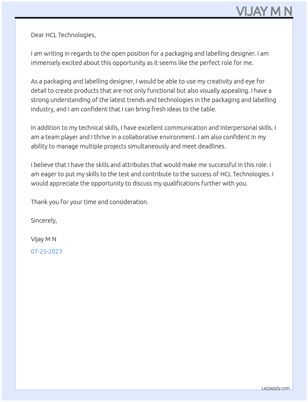 Packaging and labelling designer At HCL technologies  Cover Letter