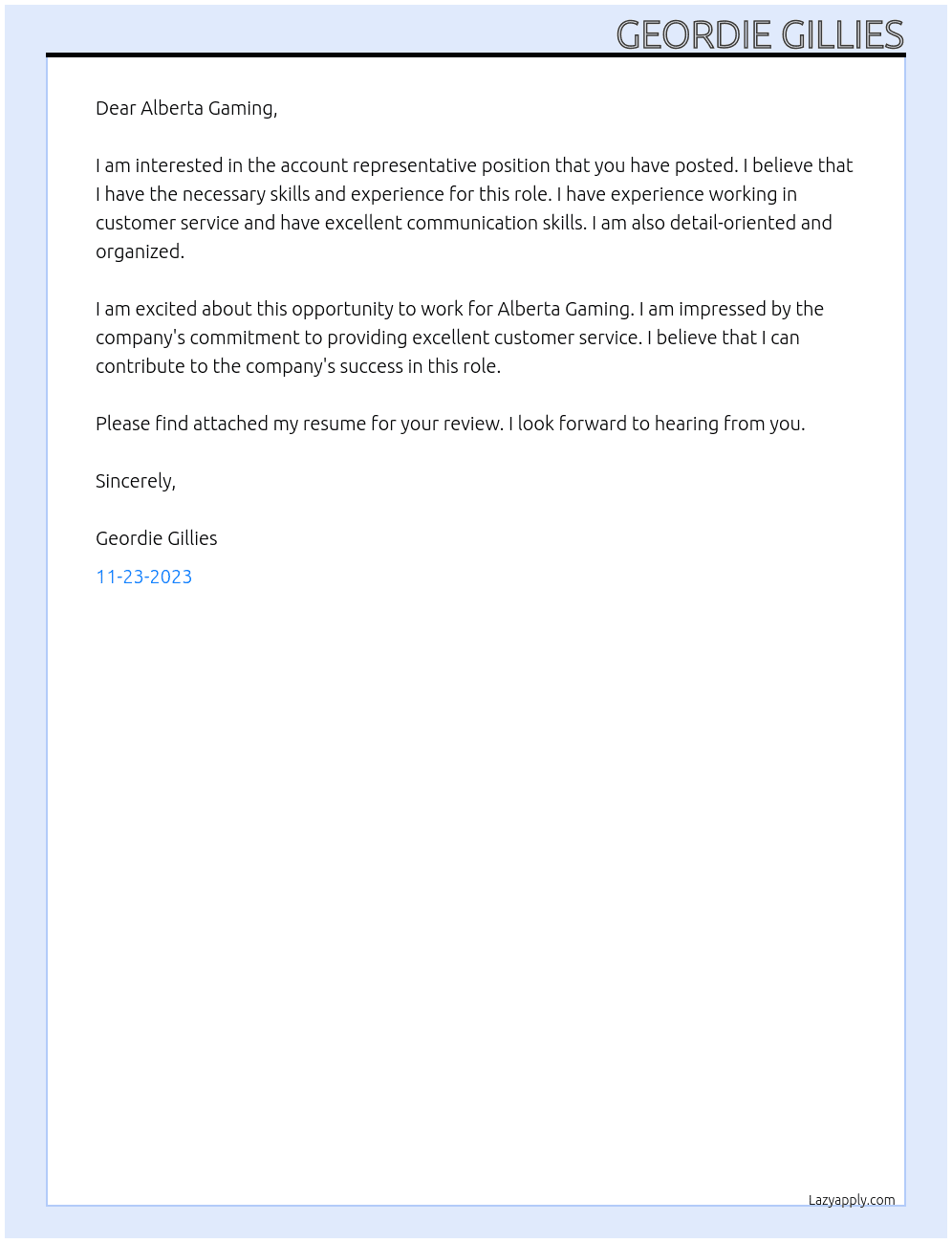 Account Representative At Alberta Gaming Cover Letter