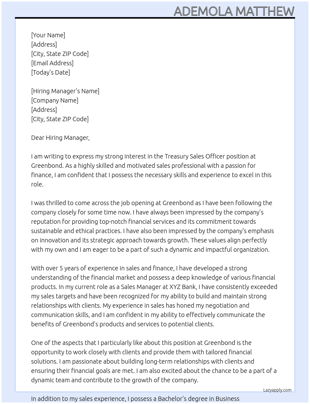 Treasury Sales Officer At Greenbond Cover Letter