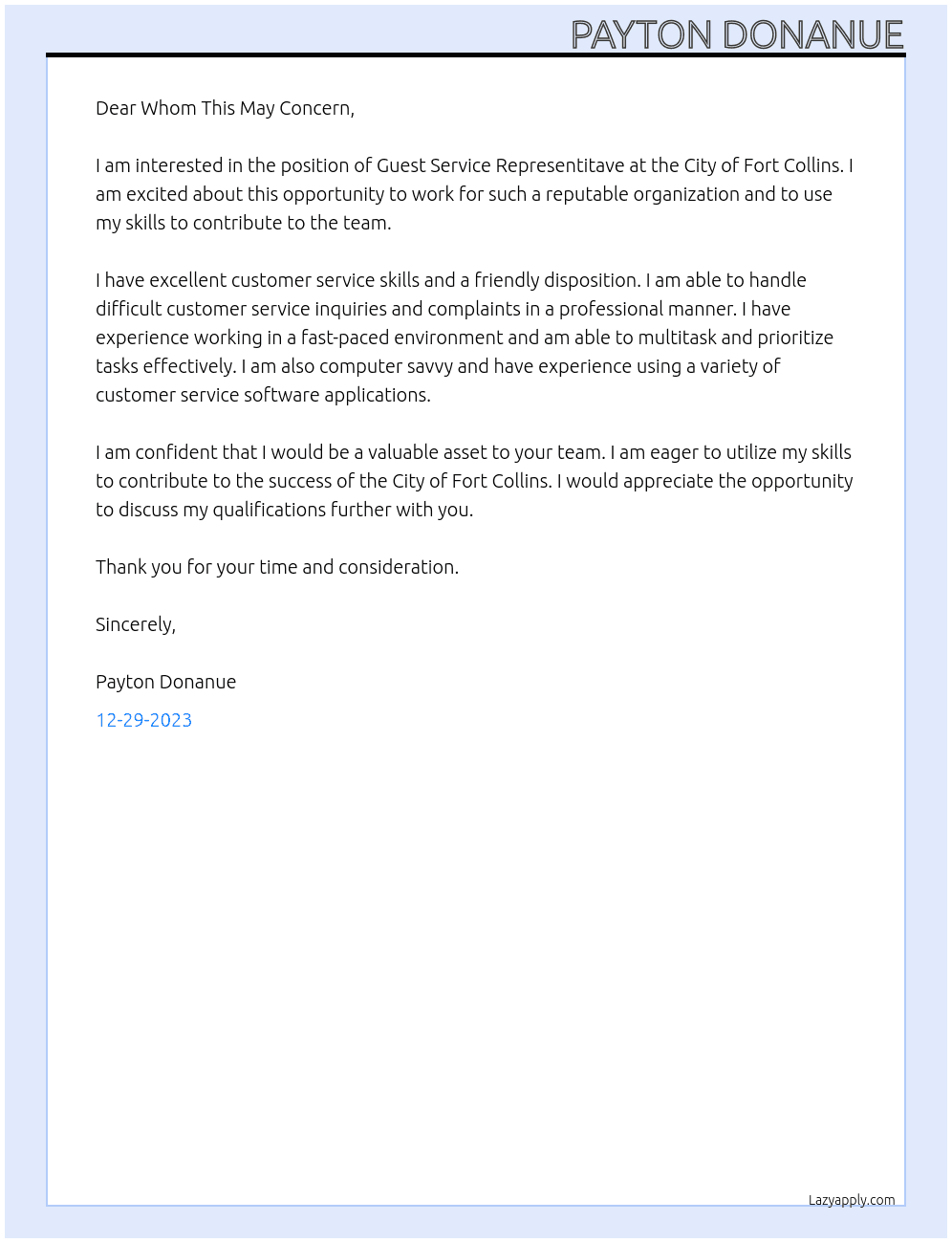Guest Service Representitave  At City of Fort Collins Cover Letter