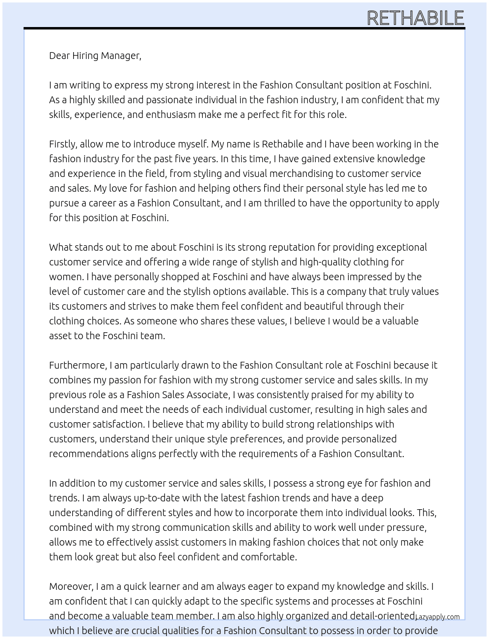 Fashion Consaltant At Foschini Cover Letter