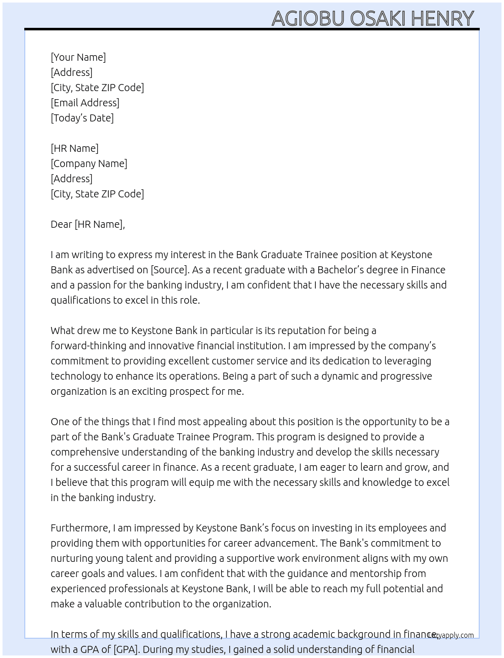 Bank graduate trainee  At Keystone bank  Cover Letter