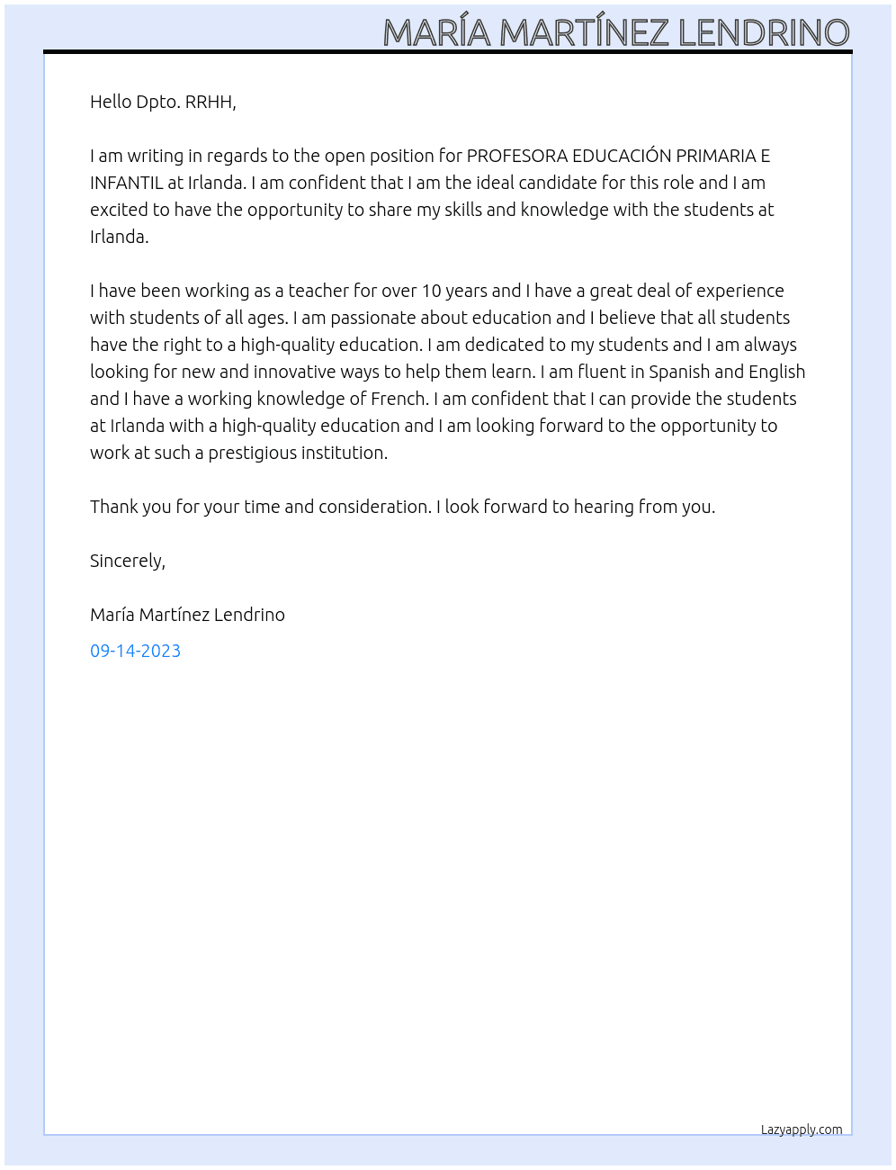 PROFESORA EDUCACIÓN PRIMARIA E INFANTIL At Irlanda Cover Letter