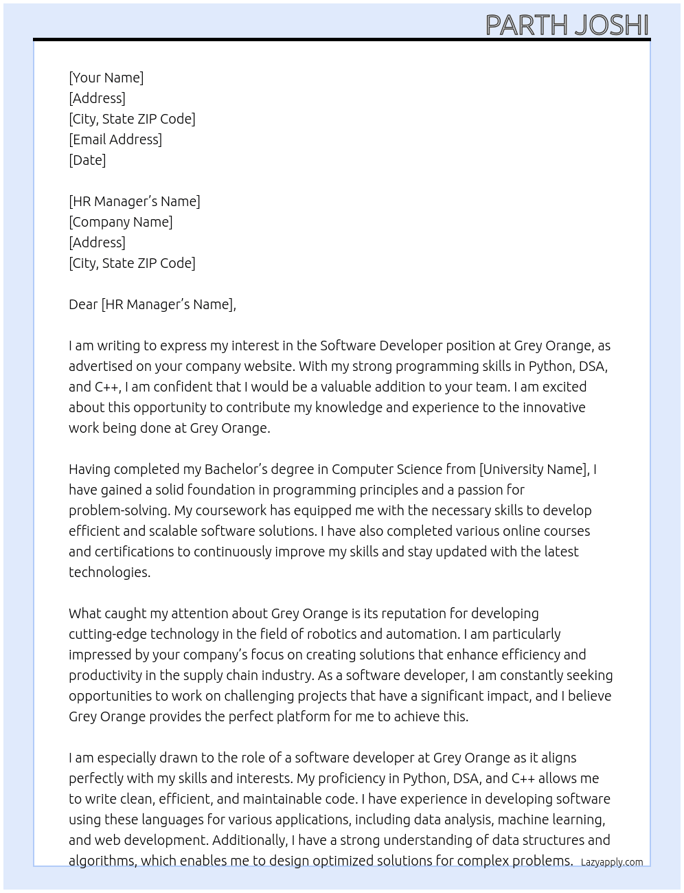 Software developer  At Grey Orange Cover Letter