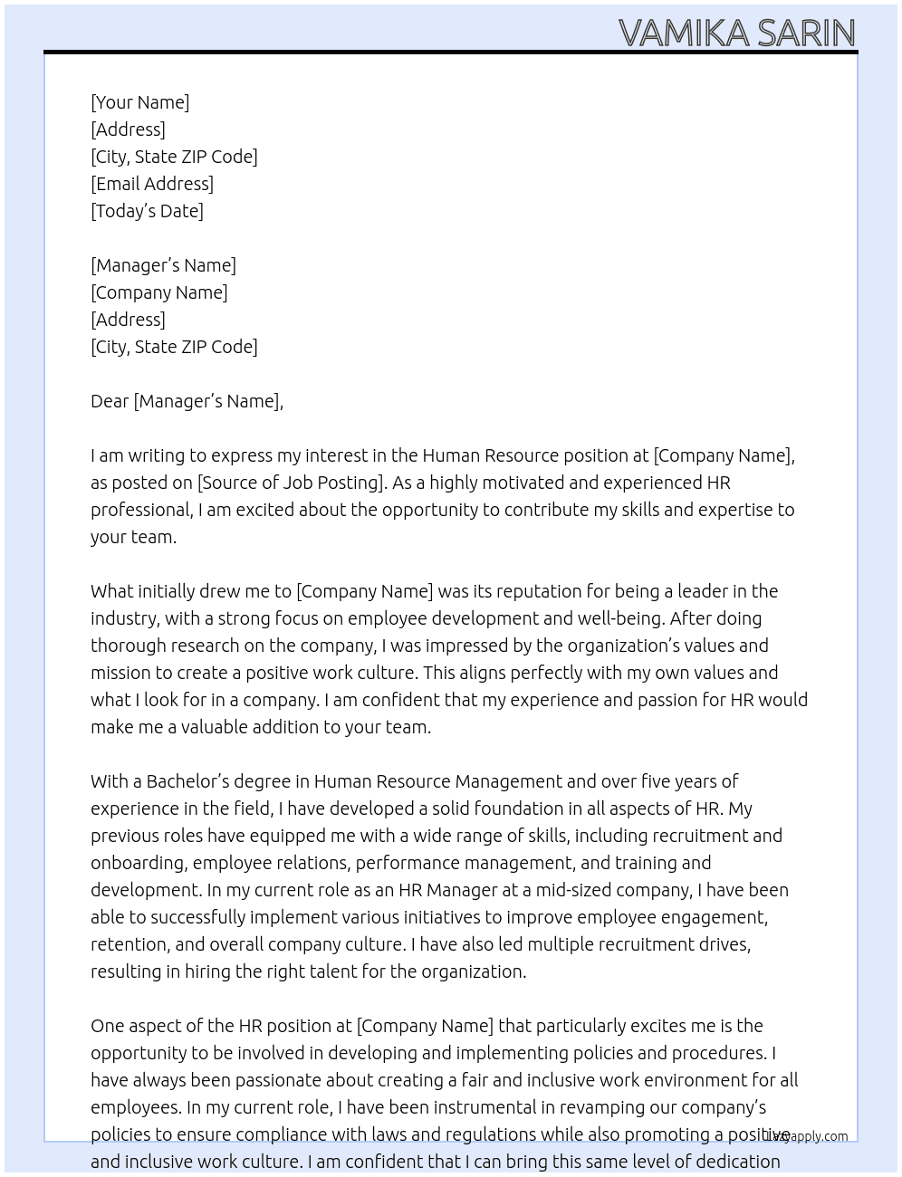 human resource  At NA Cover Letter