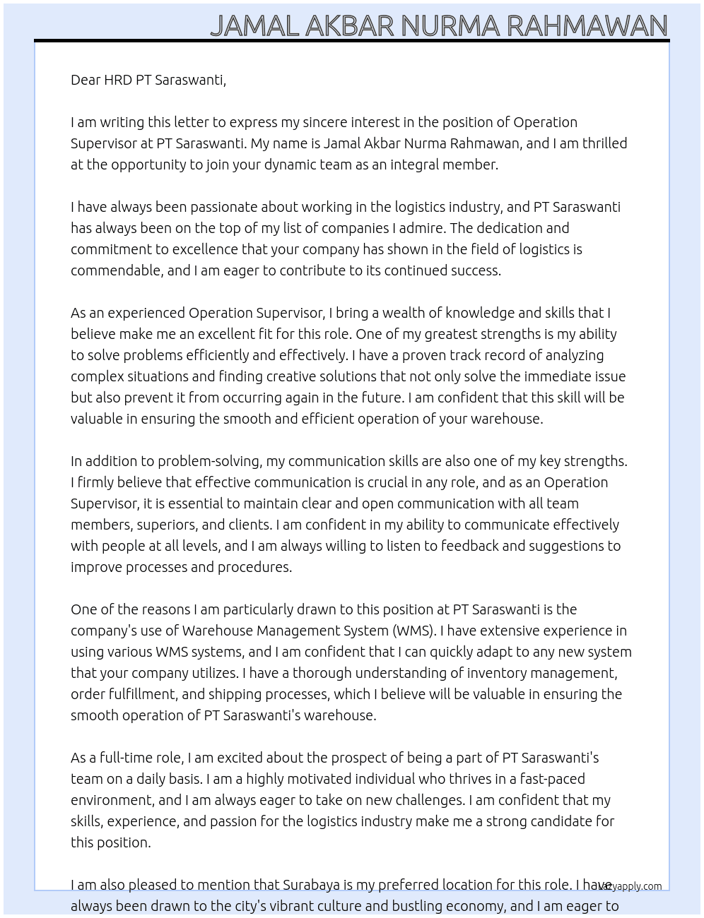Operation Supervisor At PT Saraswanti Cover Letter
