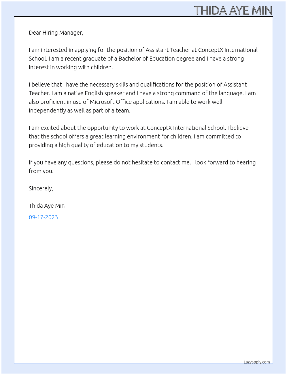 Assistant Teacher At ConceptX International School  Cover Letter