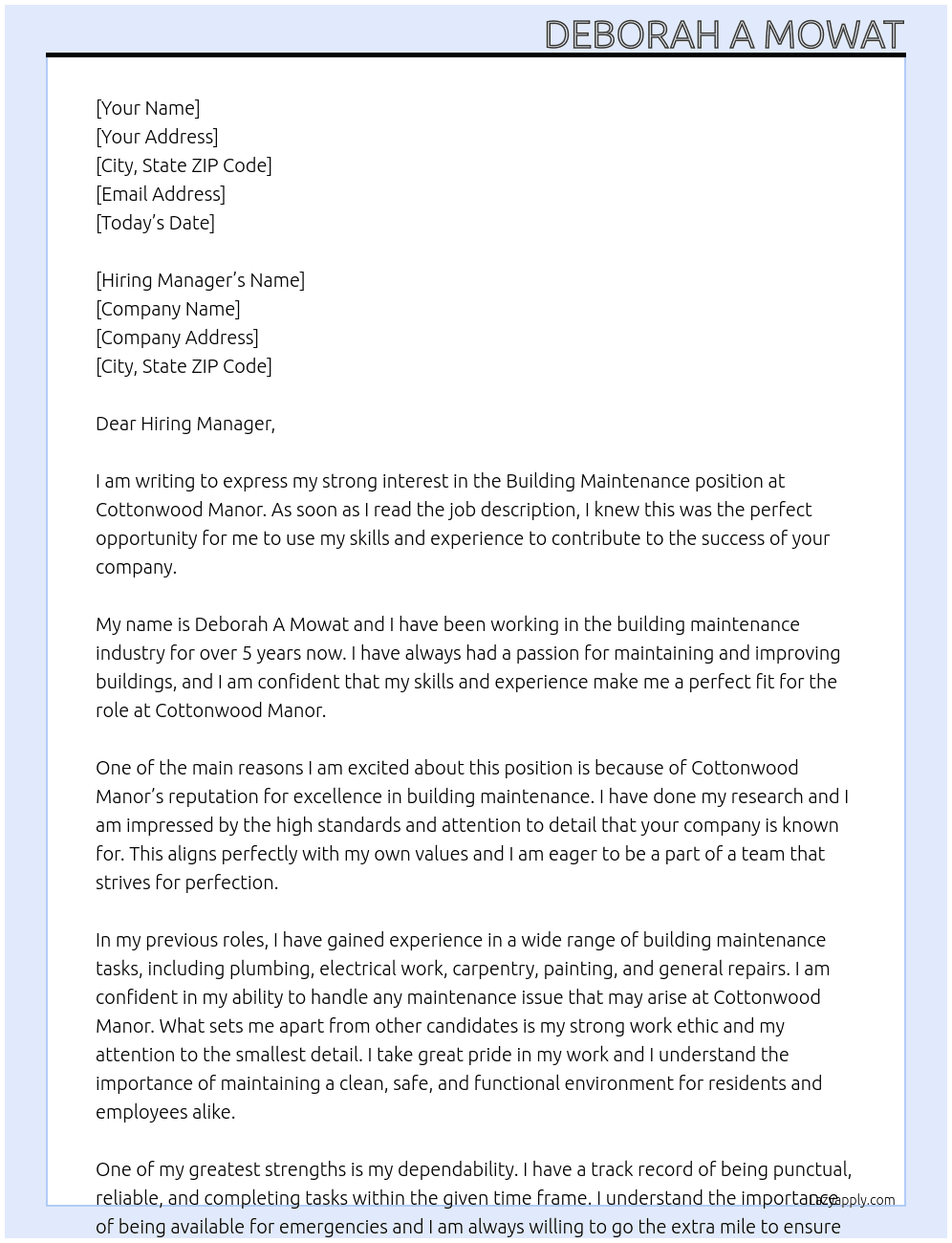 building maintenance At Cottonwood Manor Cover Letter