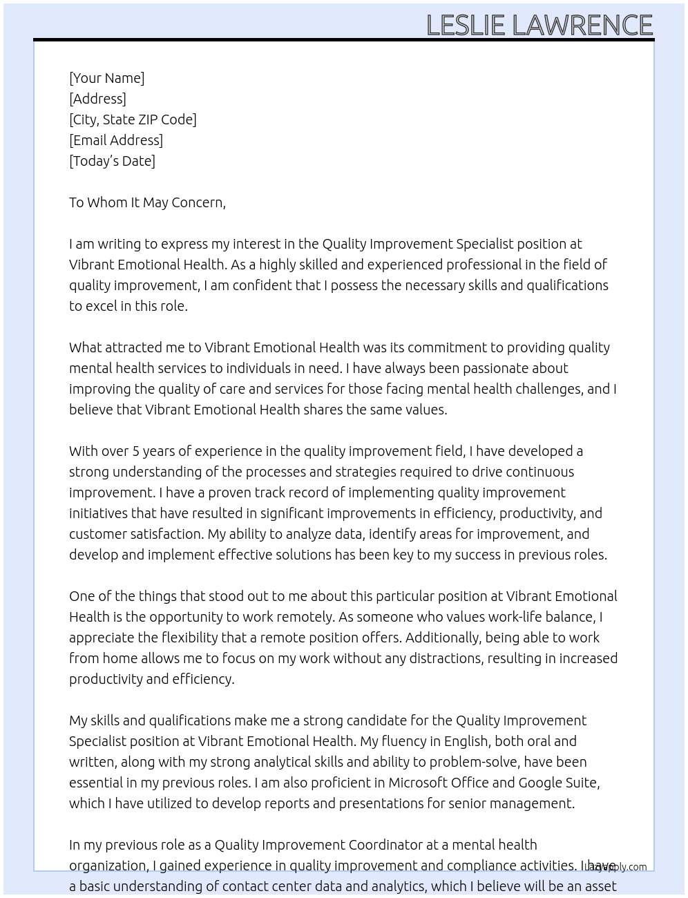 Quality Improvement Specialist At Vibrant Emotional Heath  Cover Letter