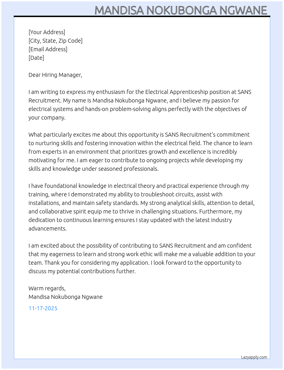 Electrical Apprenticeship  At SANS Recruitment  Cover Letter