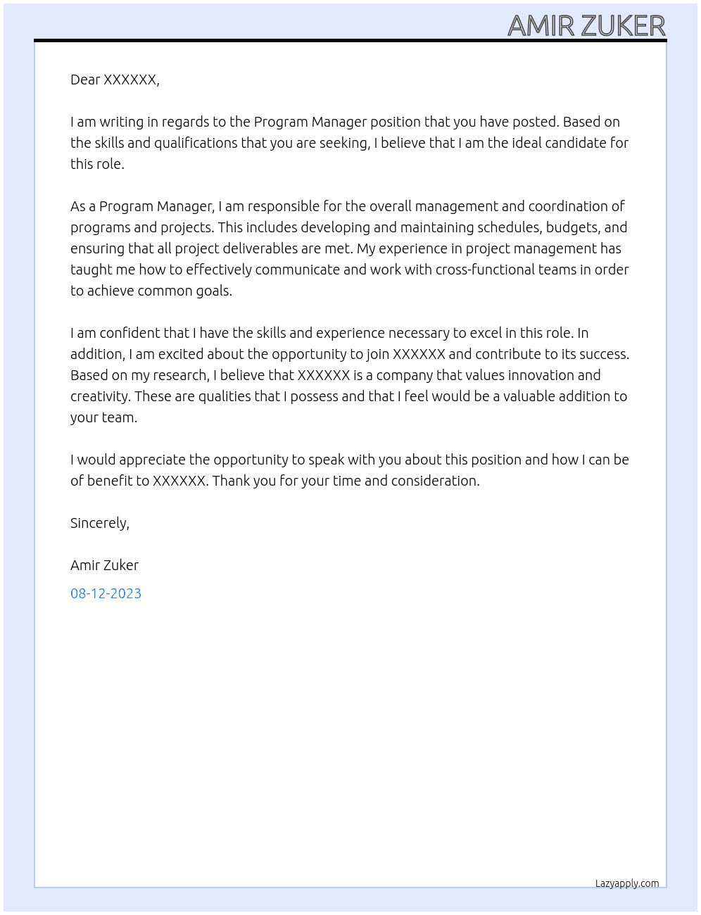 Program Manager At XXXXXX Cover Letter