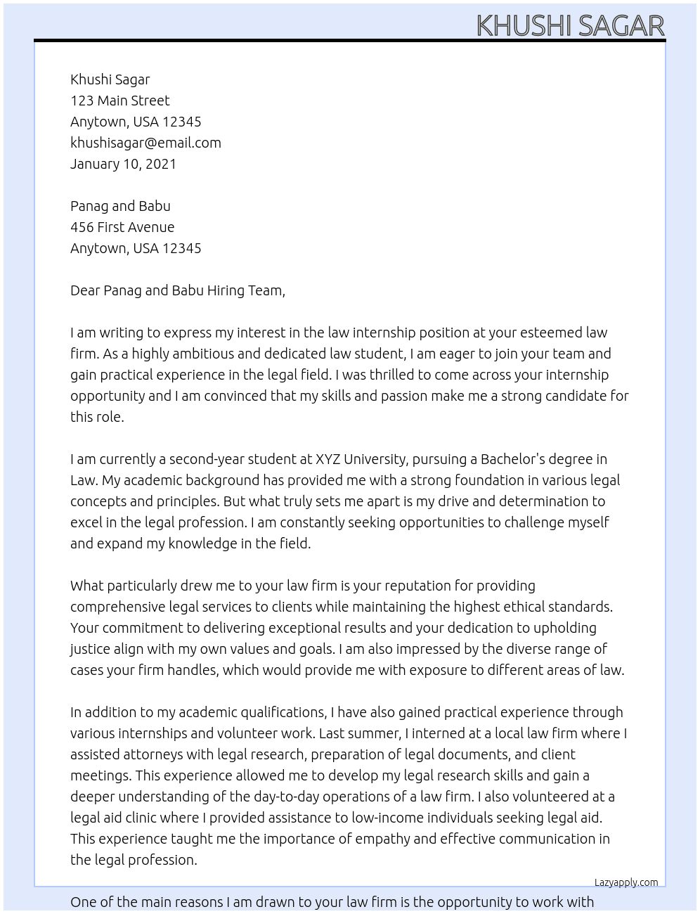law internship At panag and babu Cover Letter