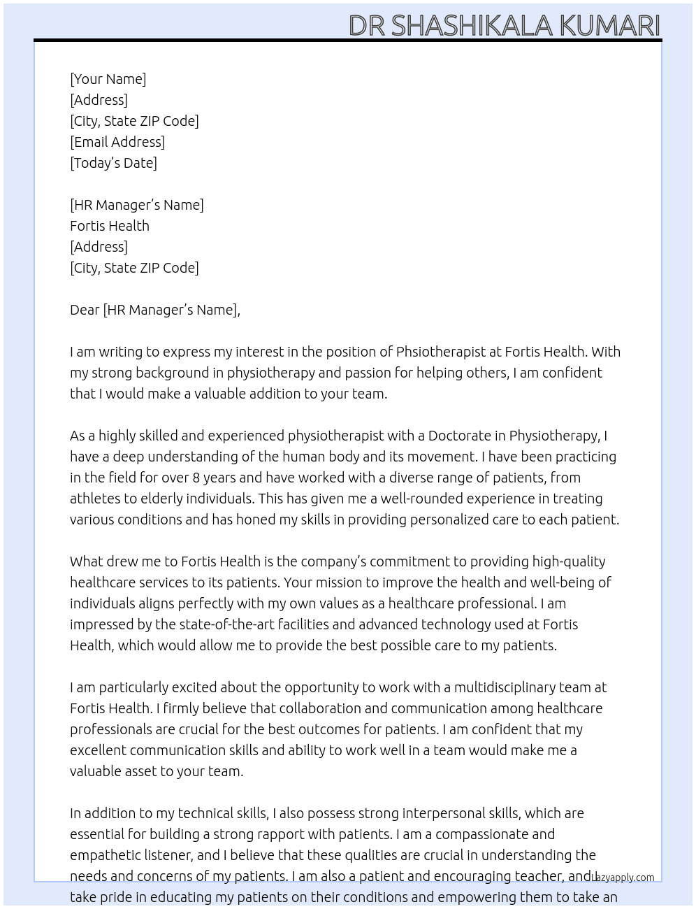 Phsiotherapist At Fortis Health Cover Letter
