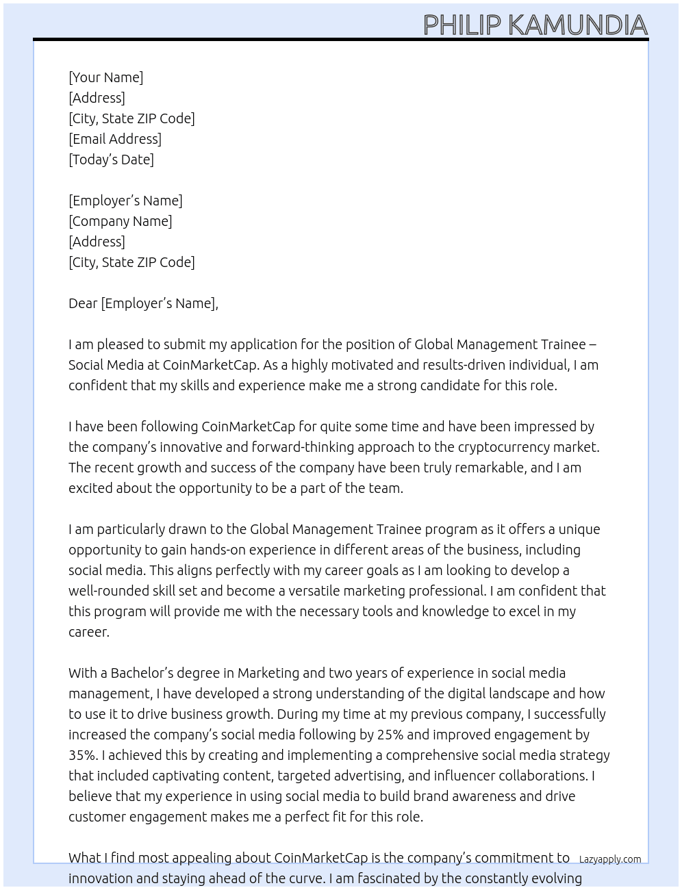 Global Management Trainee - Social Media At CoinMarketCap Cover Letter