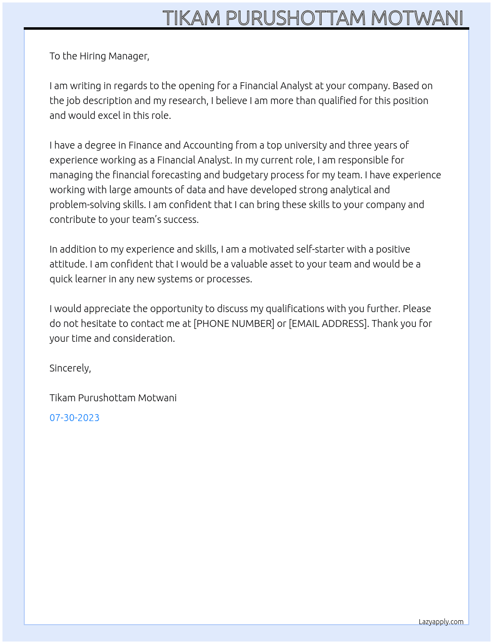 Financial analyst  At Financial services company  Cover Letter
