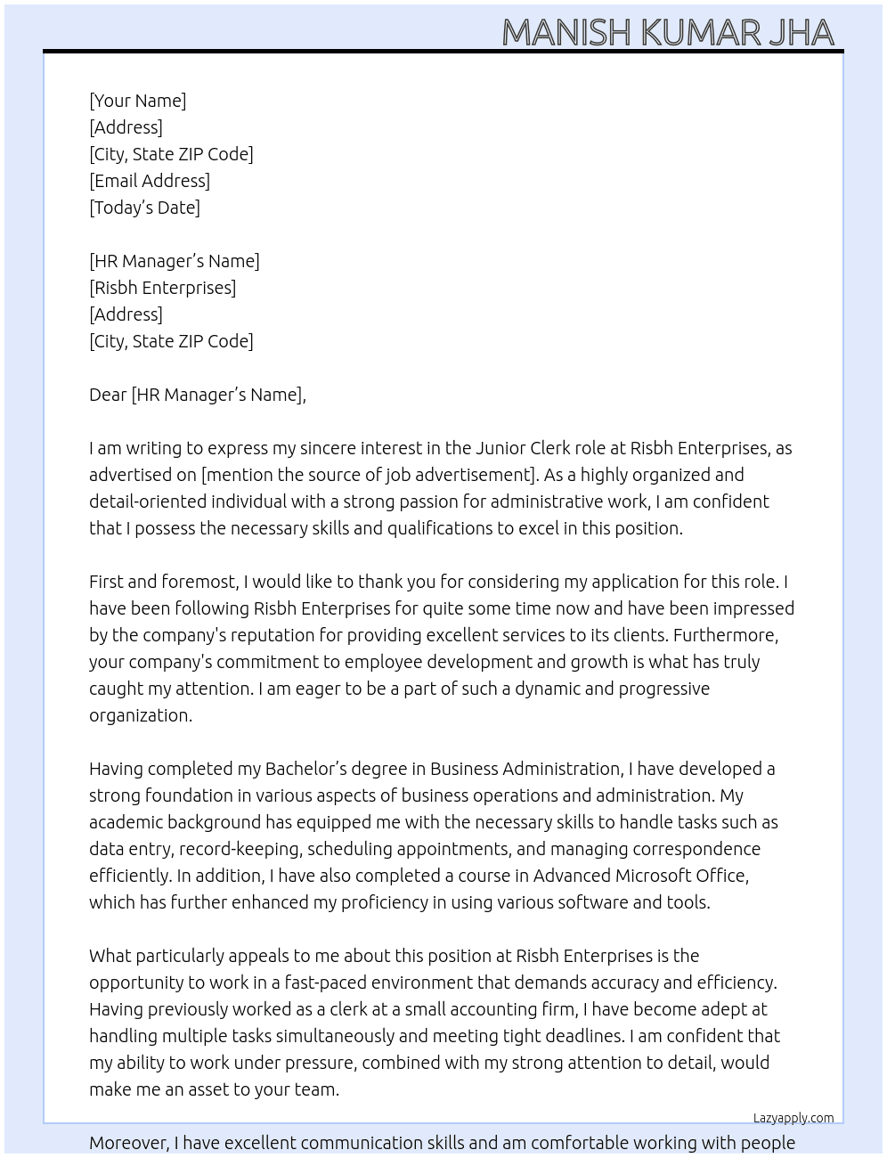 Clerk  At Risbh Enterpises  Cover Letter