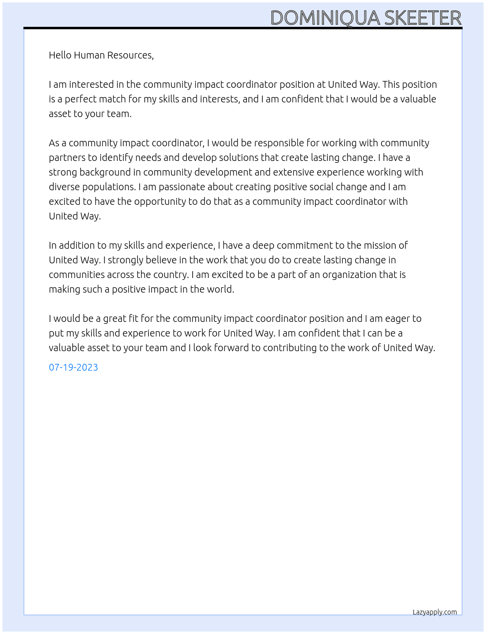 community impact coordinator At United Way Cover Letter