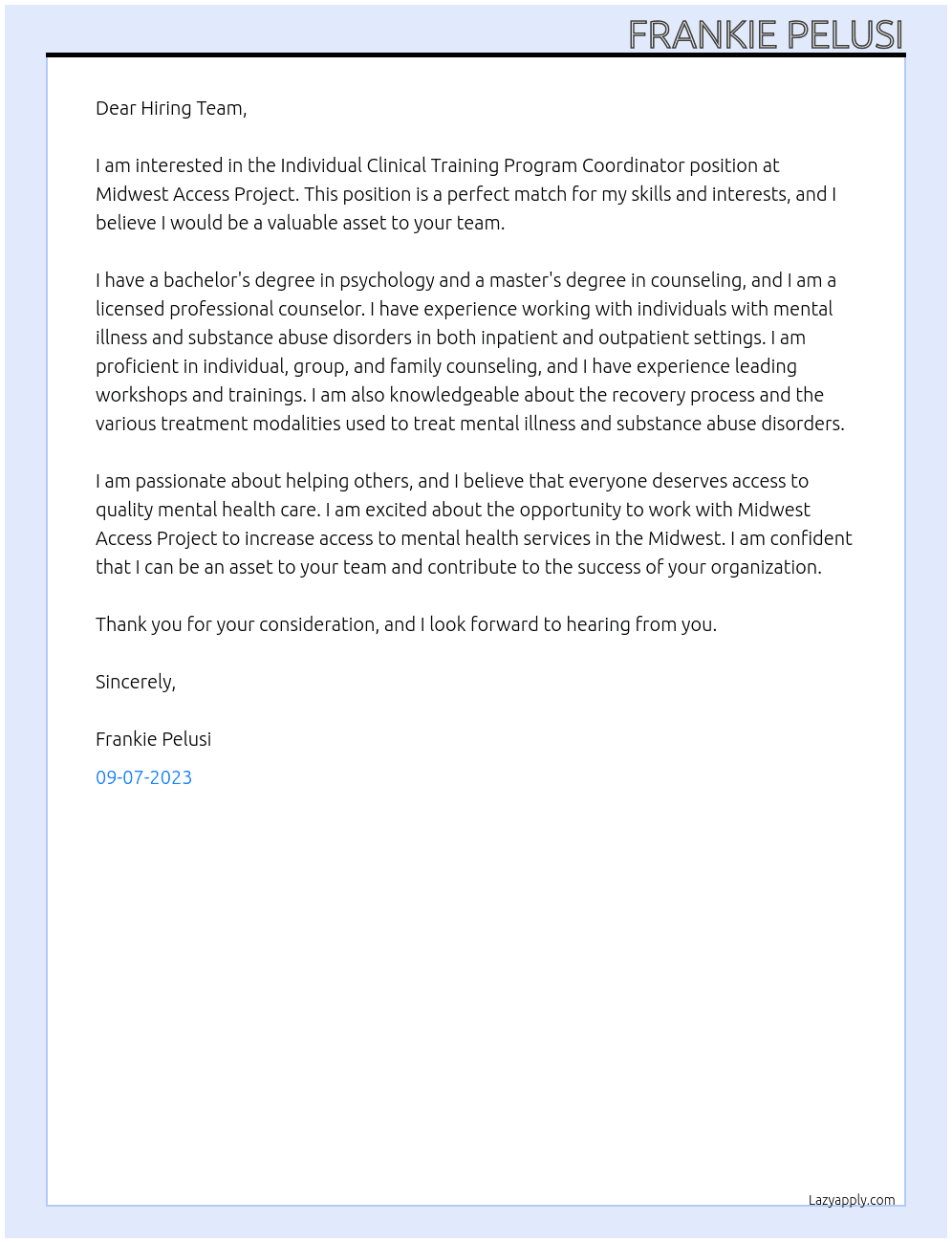 The Individual Clinical Training Program Coordinator At Midwest Access Project Cover Letter