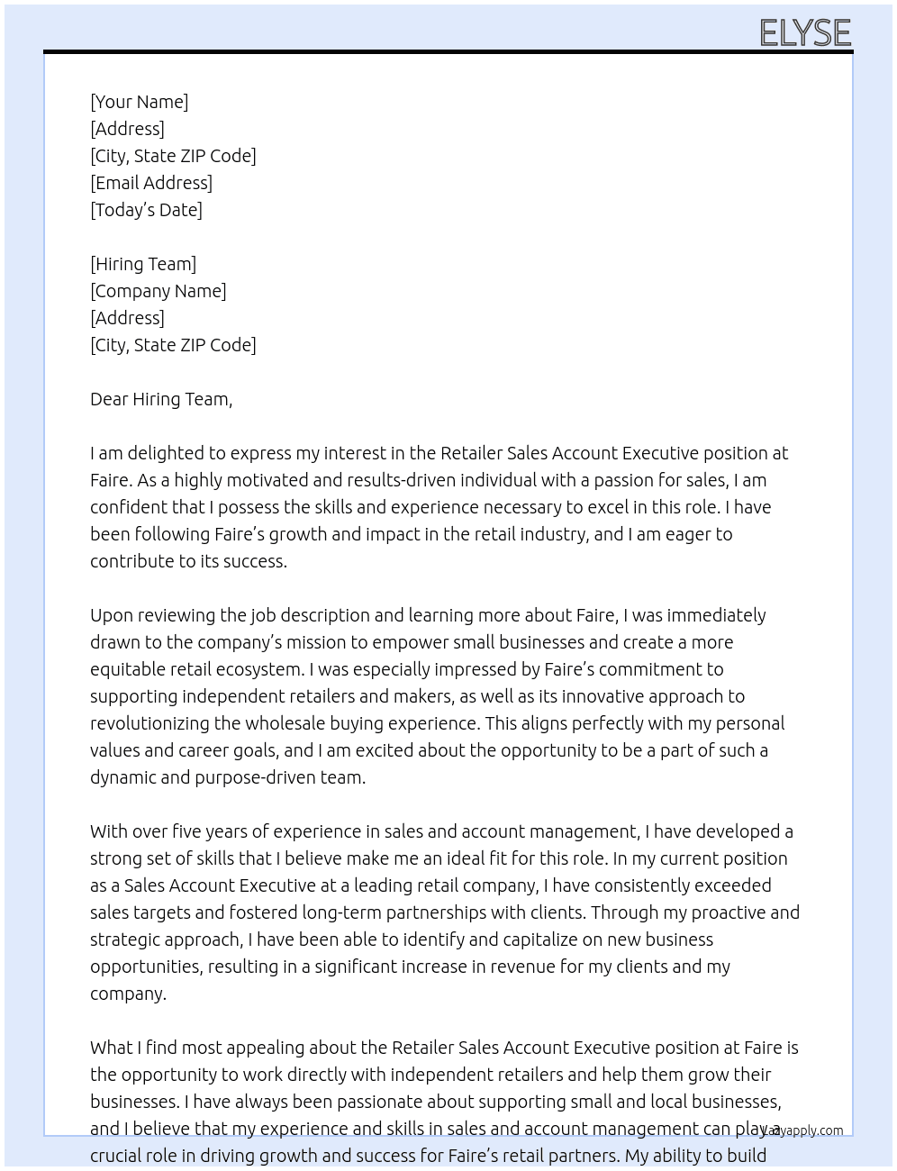 Retailer Sales Account Executive At Faire Cover Letter