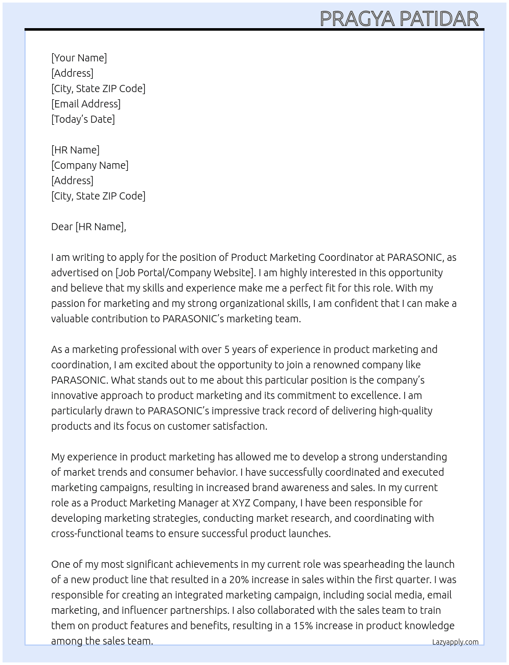 Product Marketing Coordinator  At PARASONIC  Cover Letter