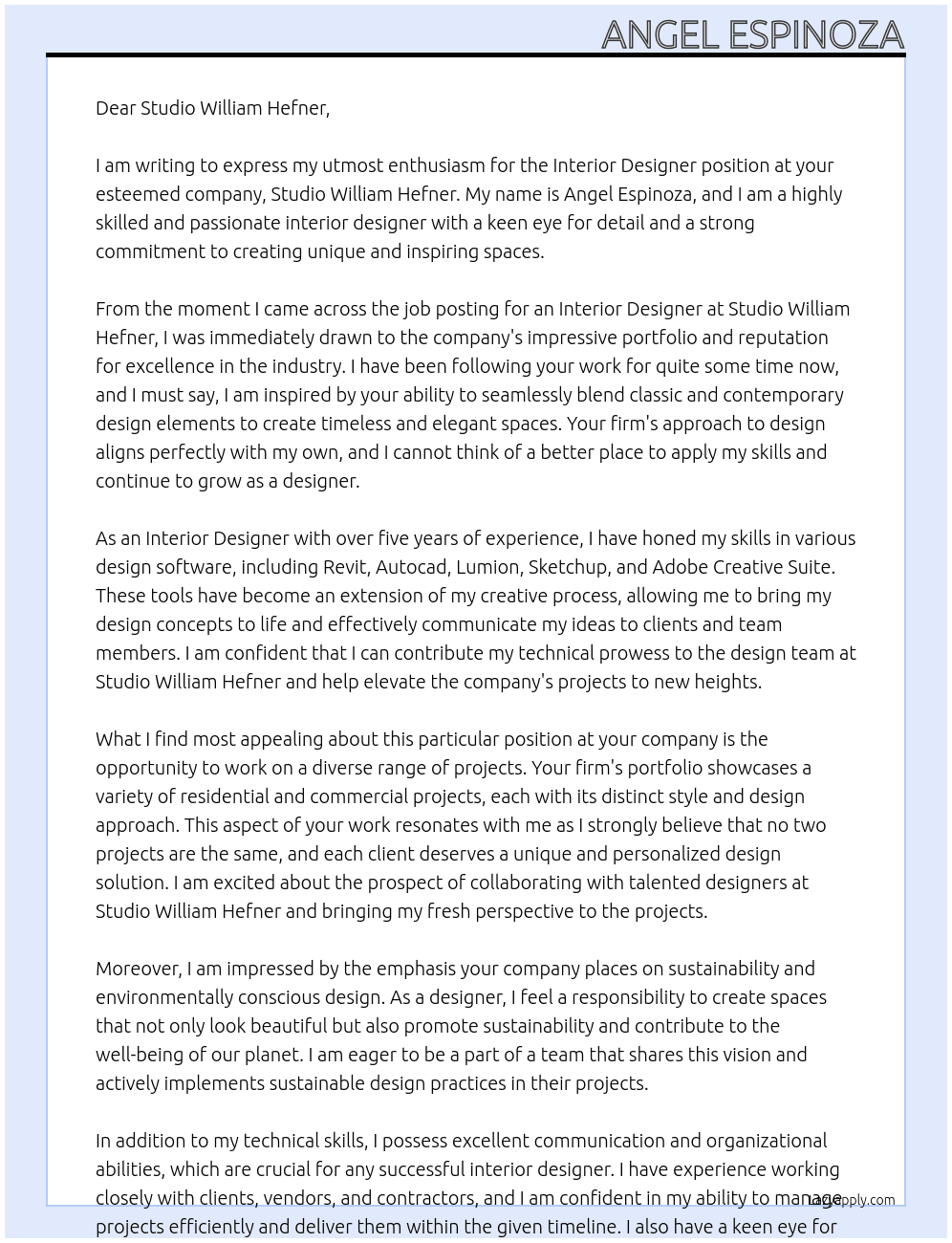 Interior Designer At Studio William Hefner Cover Letter