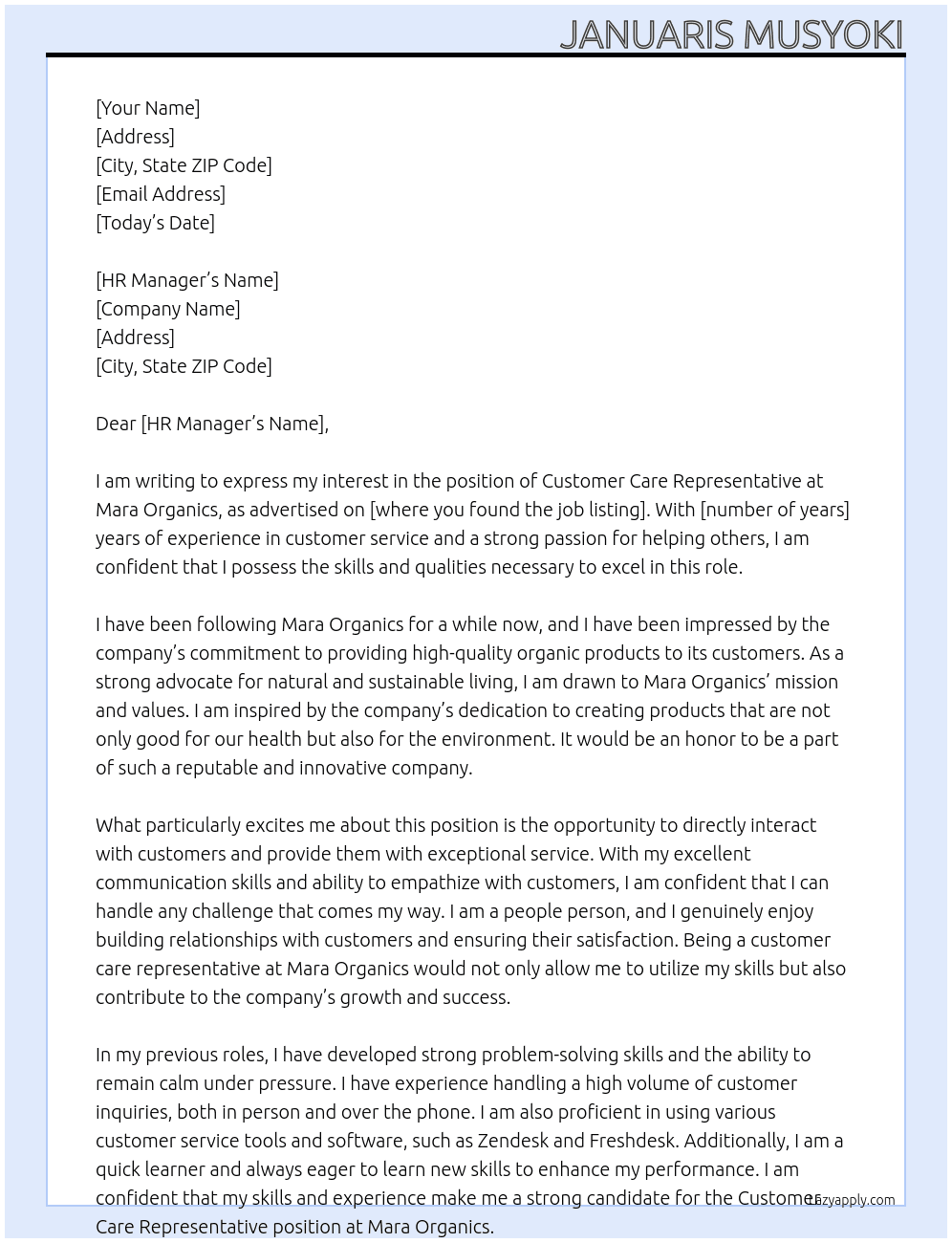 customer care representative At Mara Organics Cover Letter
