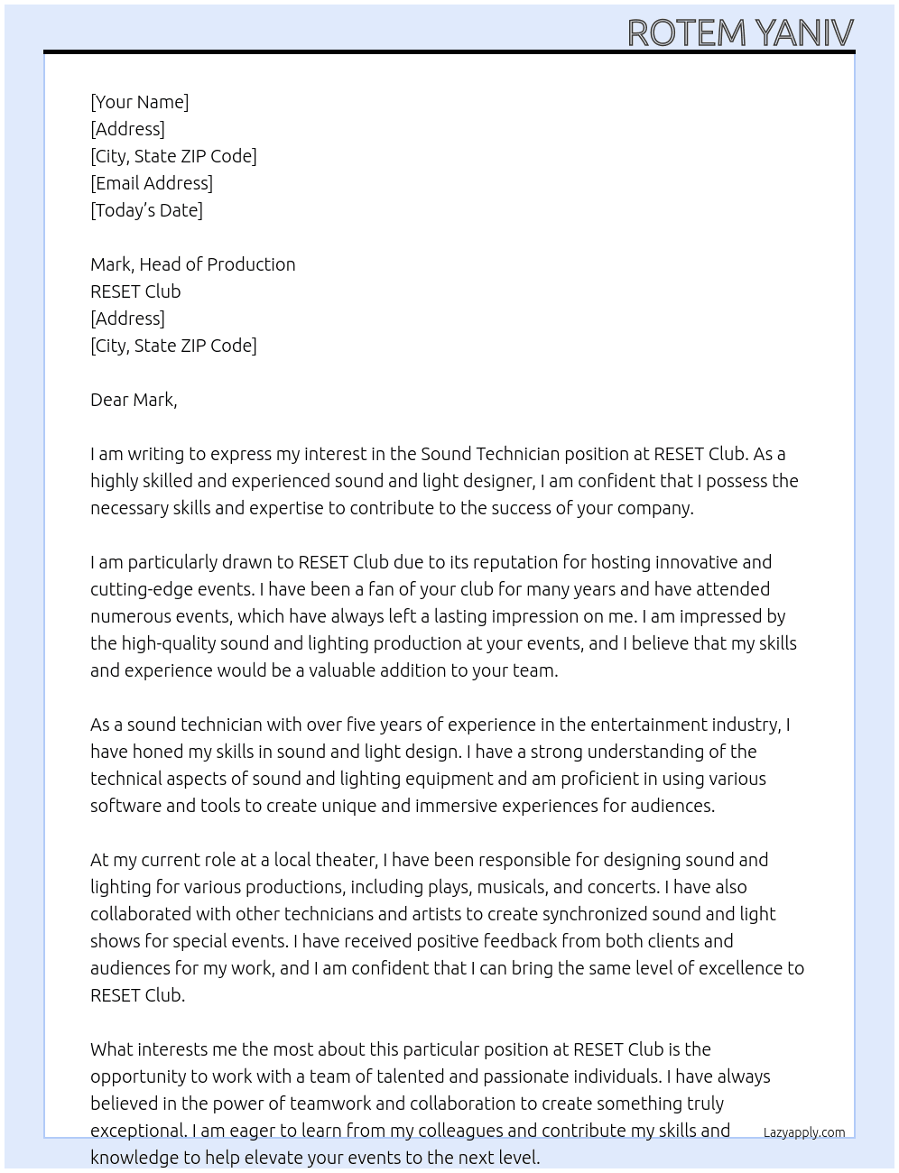 Sound techniker At RESET Club Cover Letter