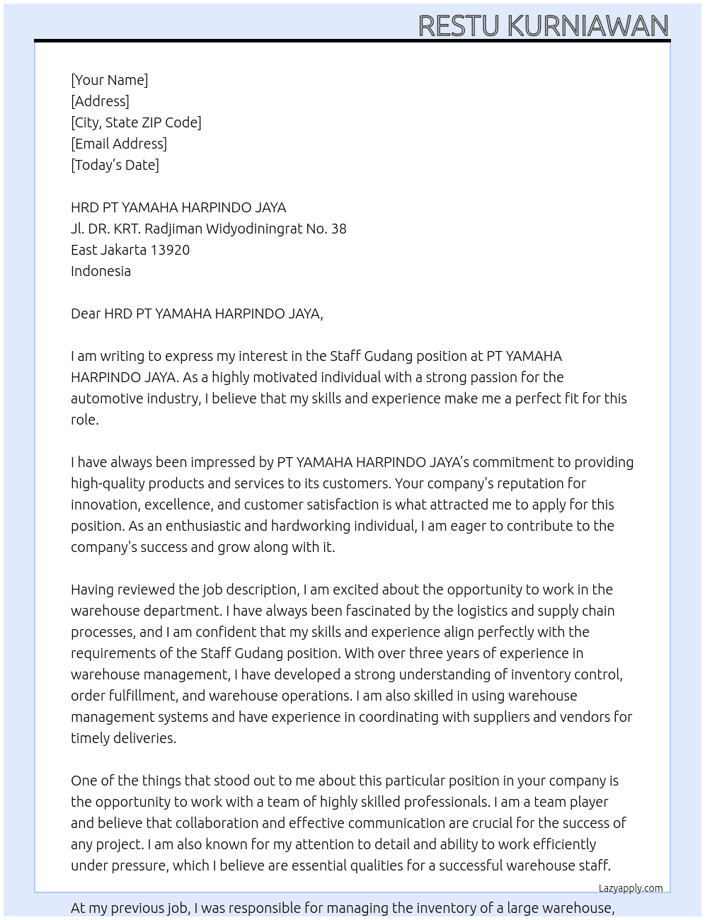 Staff Gudang At PT YAMAHA HARPINDO JAYA  Cover Letter