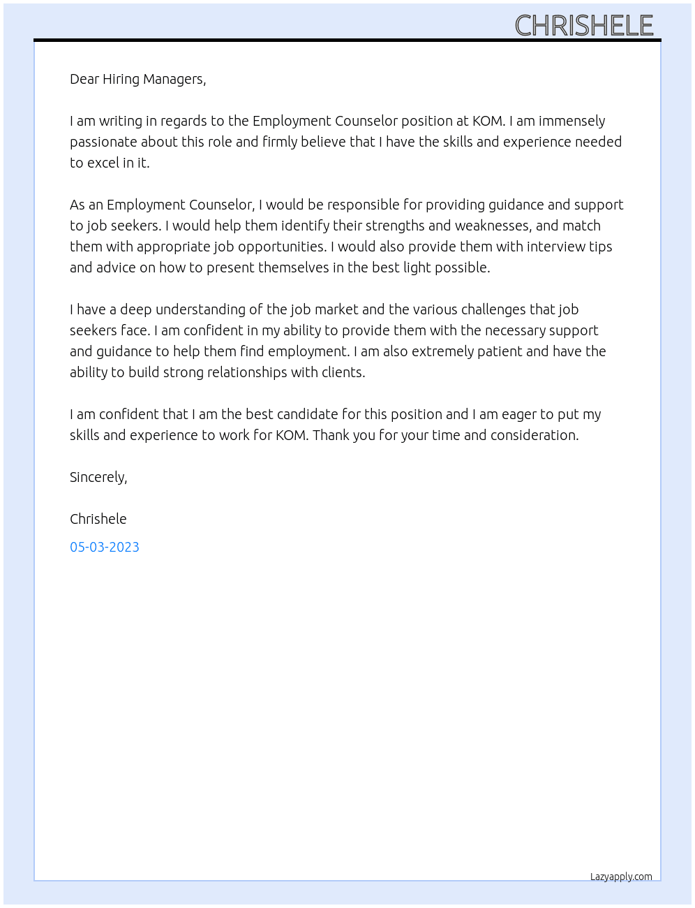 Employment Counselor  At KOM Cover Letter