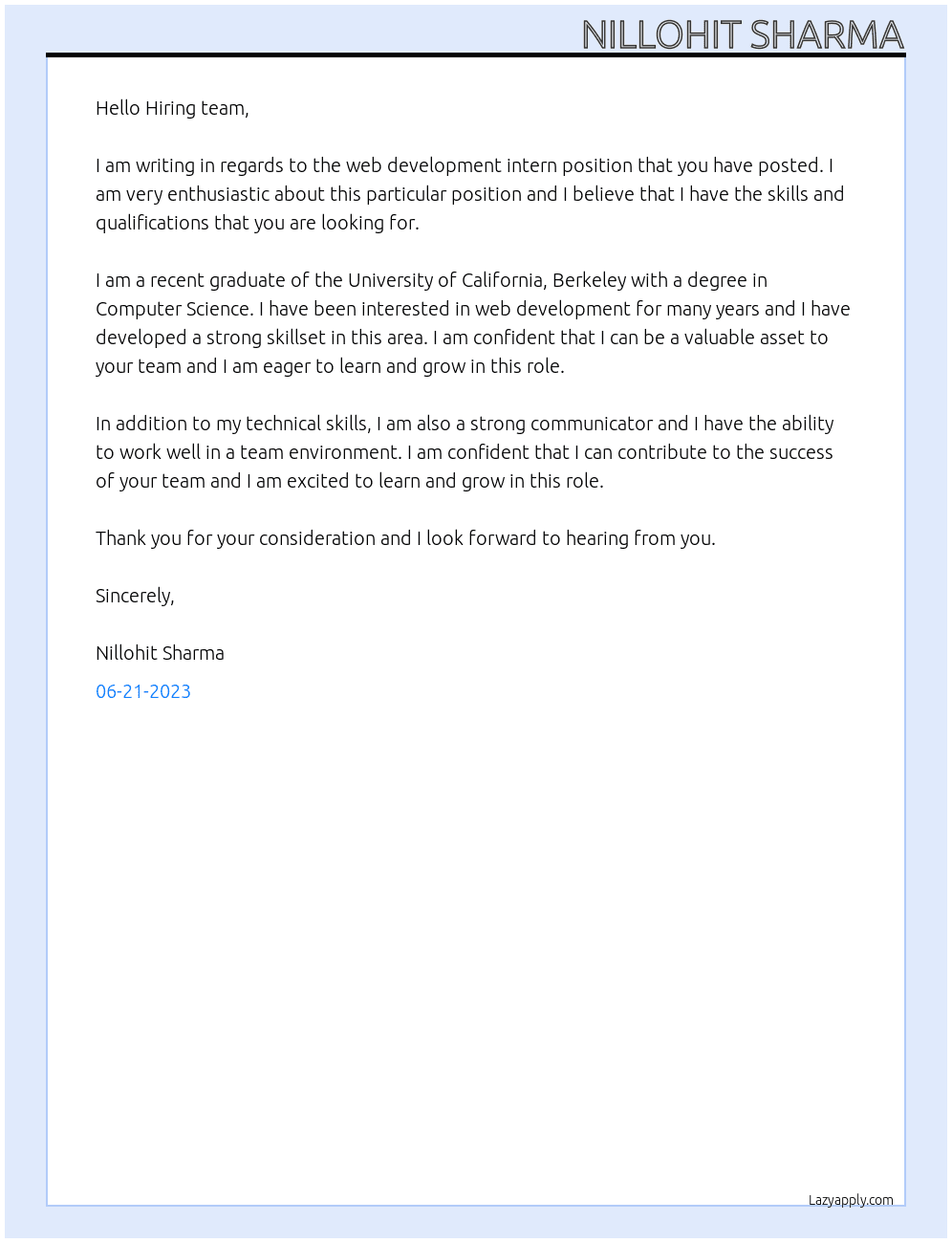 Web development Intern At Eduminatti Cover Letter