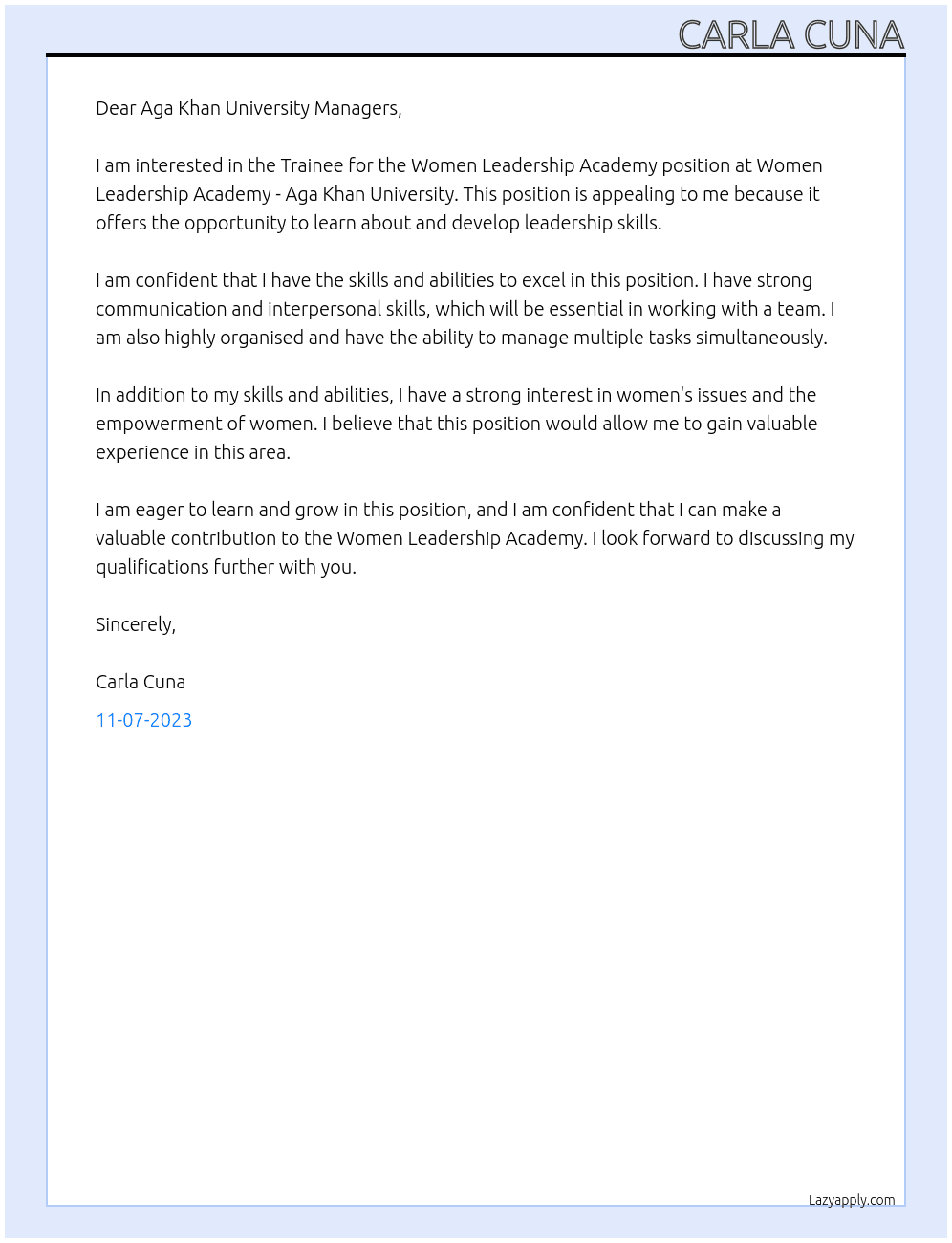 Trainee for the Women Leadership Academy At Women Leadership Academy - Aga Khan University Cover Letter