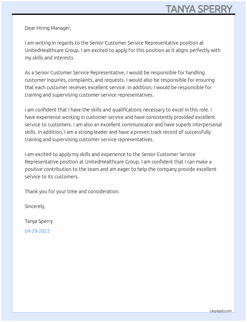Senior customer service representative  At UnitedHealthcare group  Cover Letter
