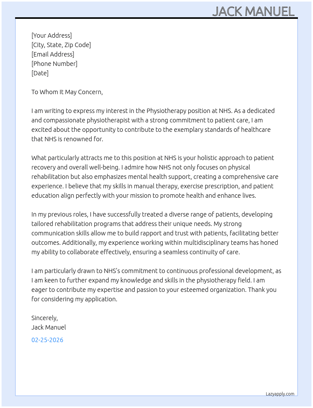 Physiotherapy  At NHS Cover Letter