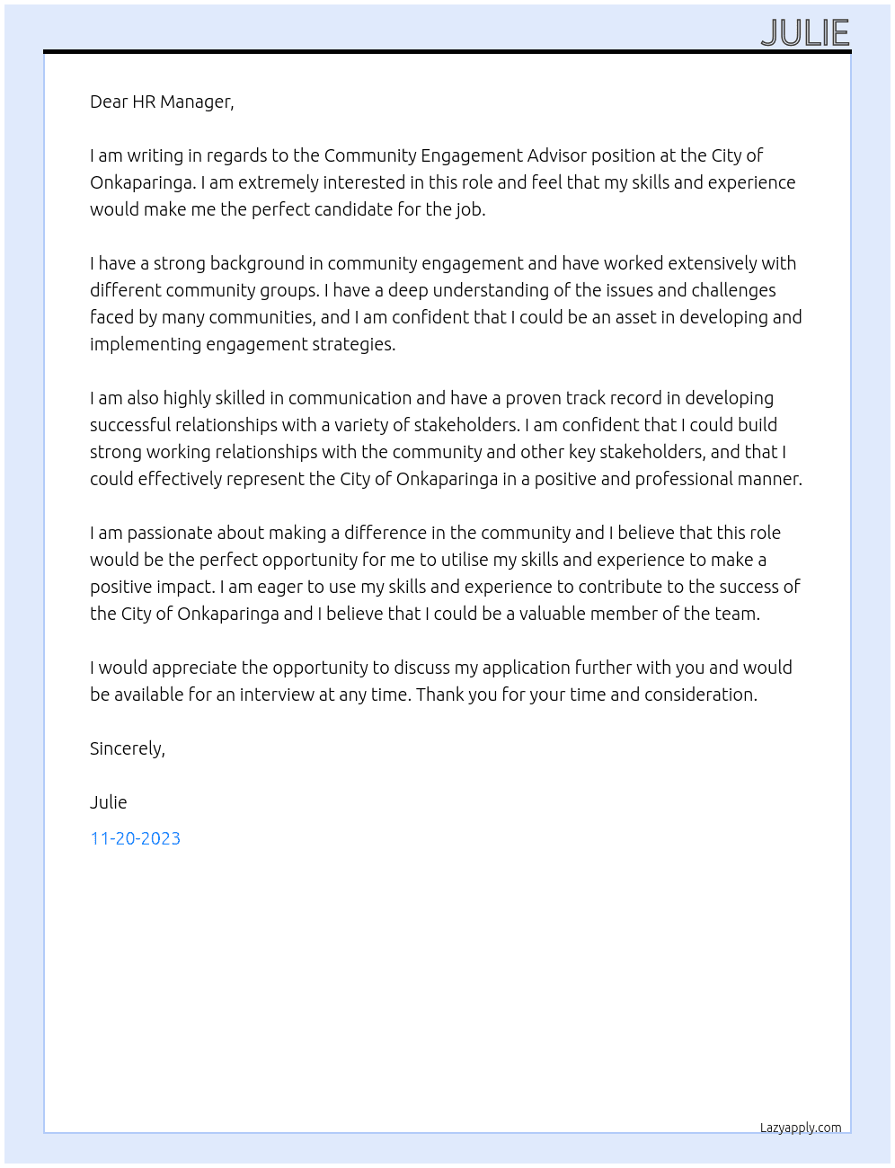 Community Engagement Advisor At City of Onkaparinga Cover Letter