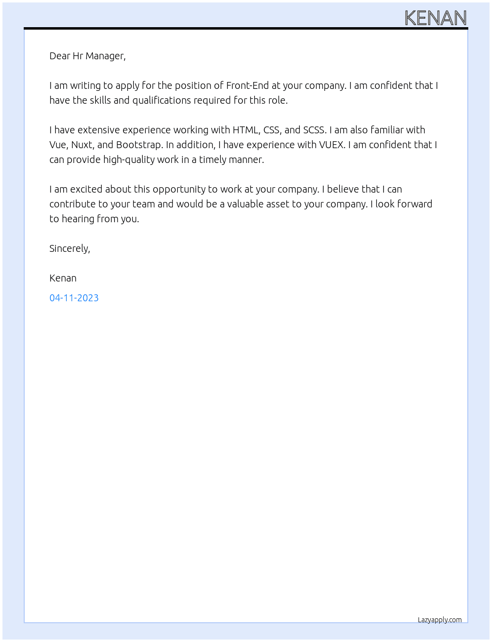 Front-End  At your Company Cover Letter