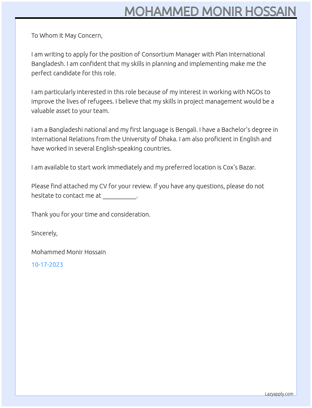 Consortium Manager At Plan International Bangladesh  Cover Letter