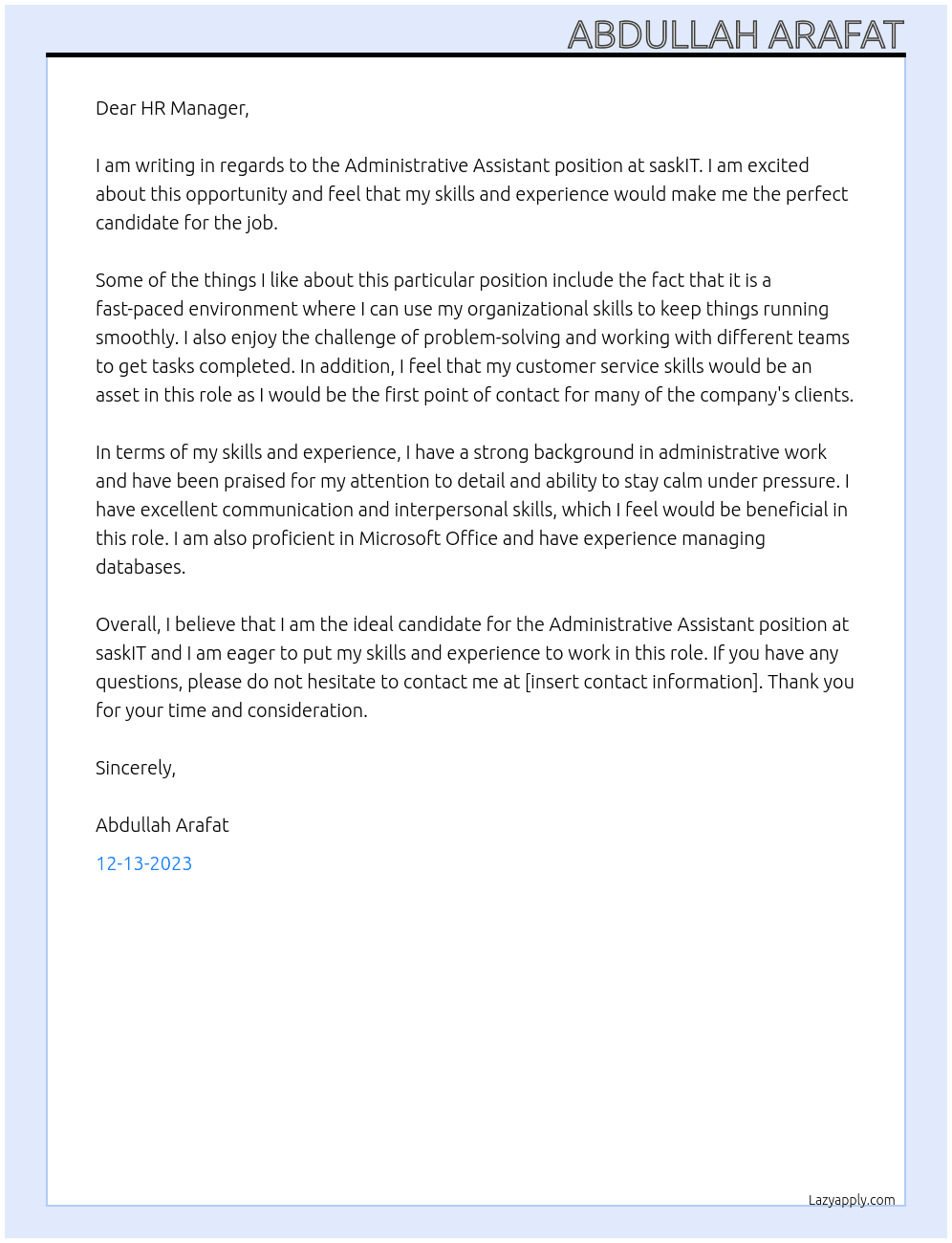 Administrative assistant At saskIT Cover Letter