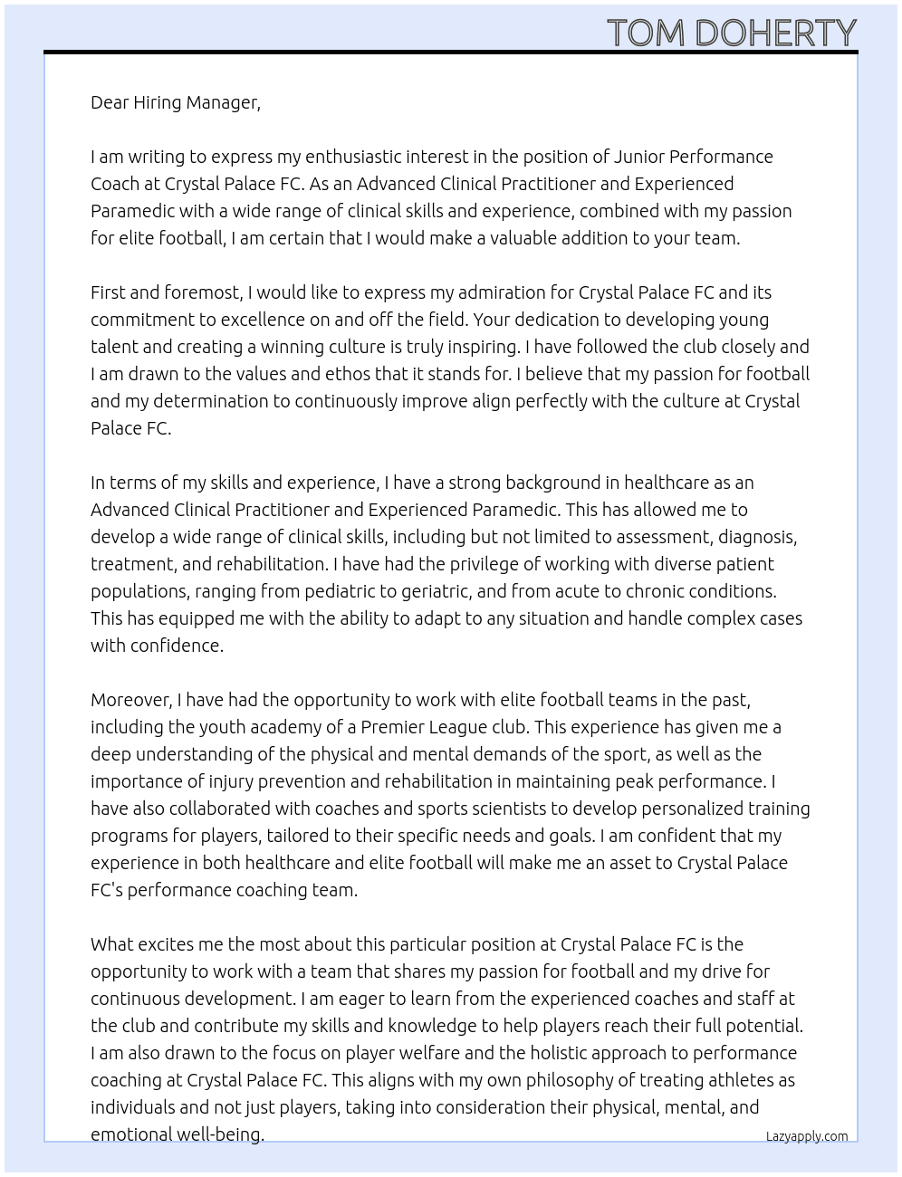 Junior Performance Coach At Crystal Palace FC Cover Letter
